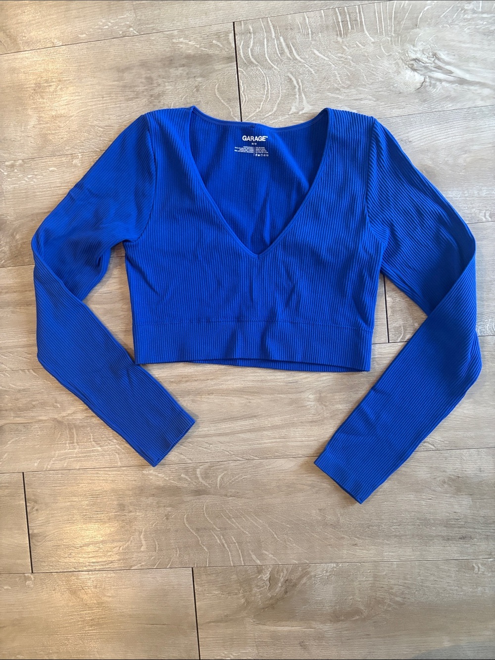Garage Royal Blue Ribbed V-Neck Long Sleeve Crop Top Size Medium